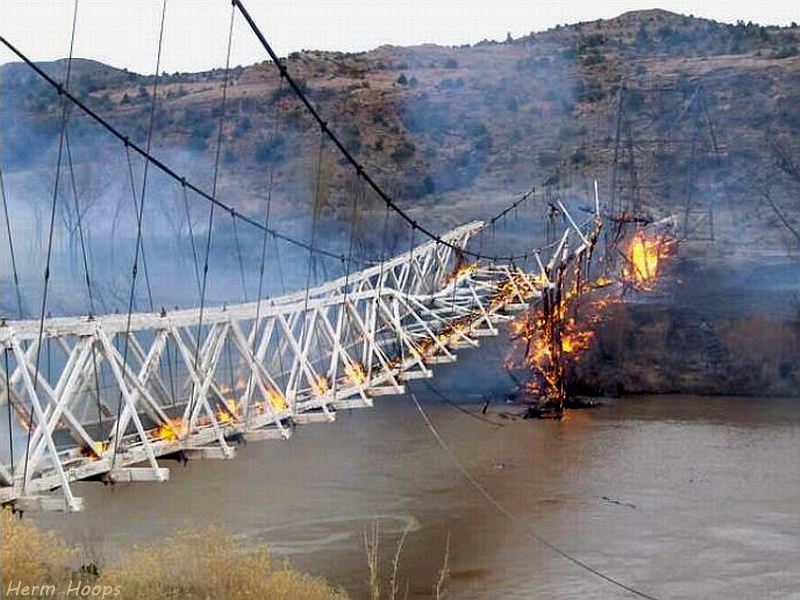 dewey bridge on fire