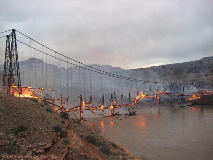 Dewey bridge on fire