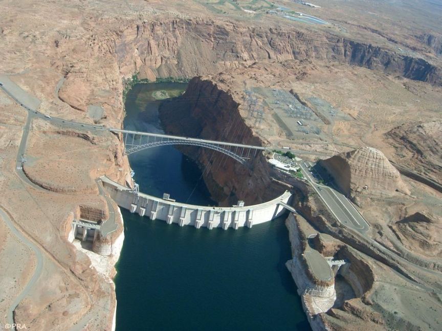 Aerial photo of the lake and bridge